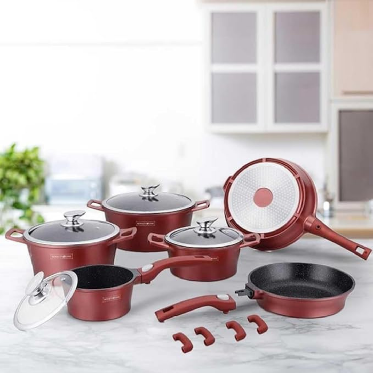 17-teiliges Kochgeschirr-Set aus Aluminiumdruckguss mit Marmor-Antihaftbeschichtung & abnehmbaren Griffen