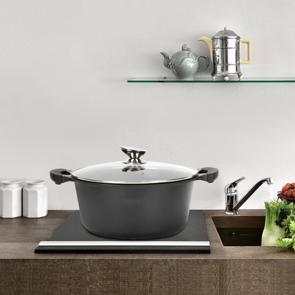 Topf aus Aluminiumguss mit Glasdeckel und Marmor-Antihaftbeschichtung