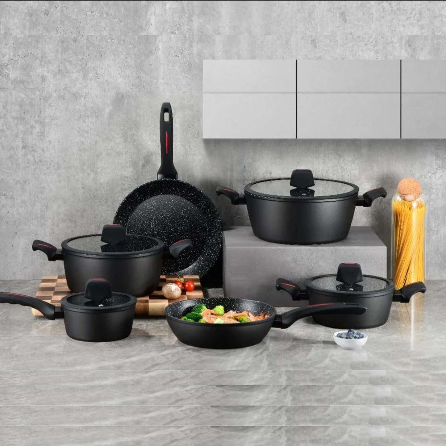 10-teiliges Kochgeschirr-Set aus Aluminiumdruckguss mit Marmor-Antihaftbeschichtung & Cool-Touch Griffen